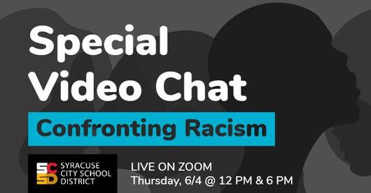 This is a graphic advertising a Special Video Chat live on Zoom on Thursday, June 4 at noon and again at 6 pm.