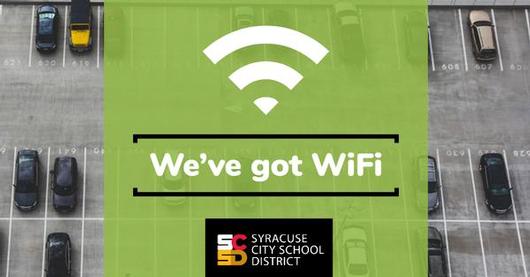 This is an image of a graphic showing a parking lot, with text that reads 'We've Got WiFi'