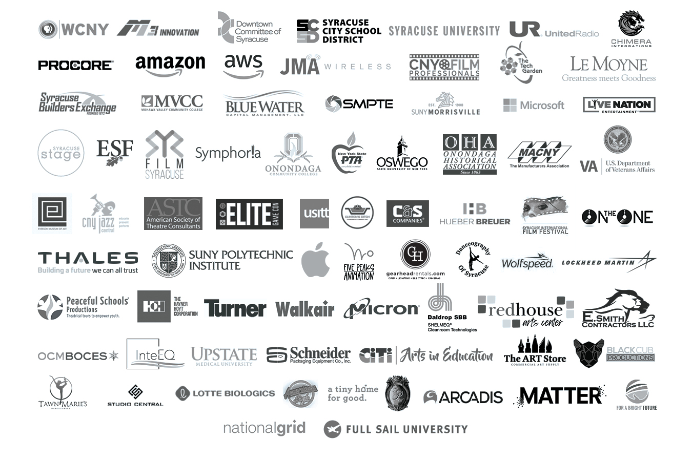 A group of roughly 50 grey logos that are from multiple businesses. 